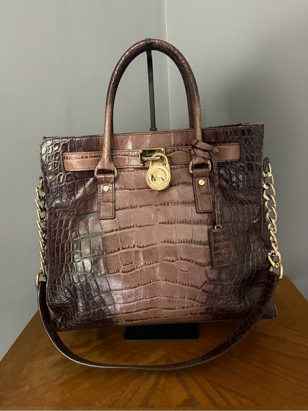 Michael Kors Hamilton Large Croc-Embossed Leather Satchel Tote Ombre Brown